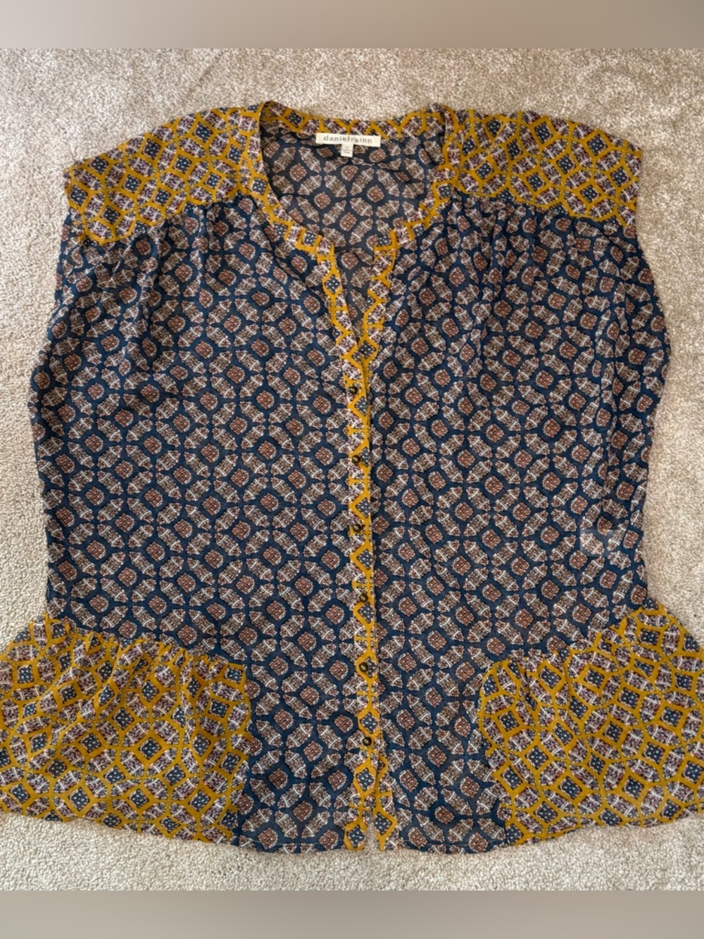 Daniel Rainn Sheer Boho Blouse Blue Mustard Print Button Front Sleeveless Top XL